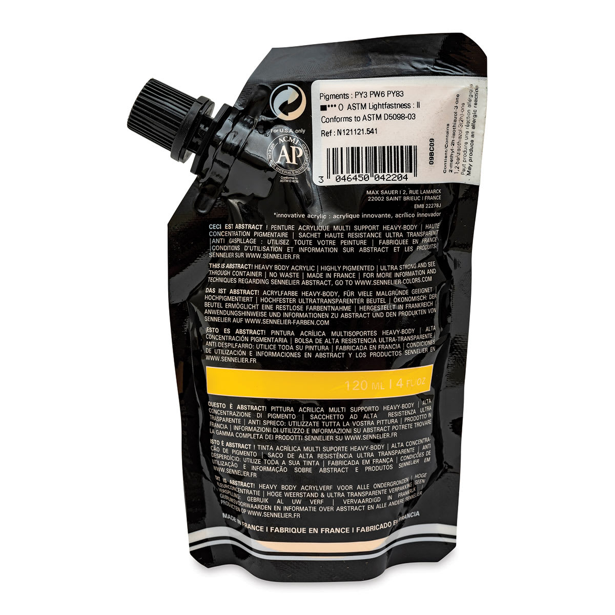 Sennelier Abstract Acrylic - Cadmium Yellow Medium Hue, 120 ml pouch back