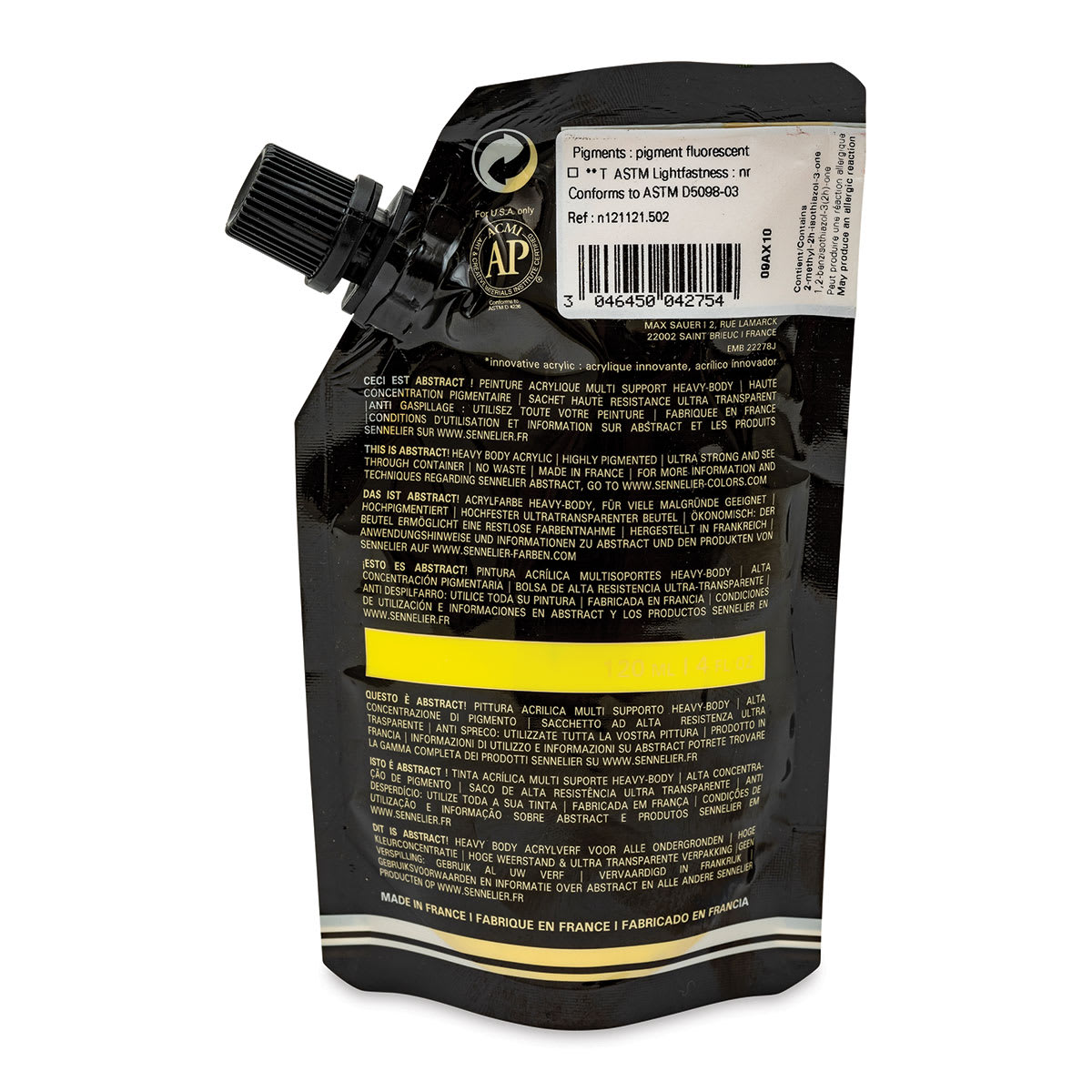 Sennelier Abstract Acrylic - Fluorescent Yellow, 120 ml pouch back