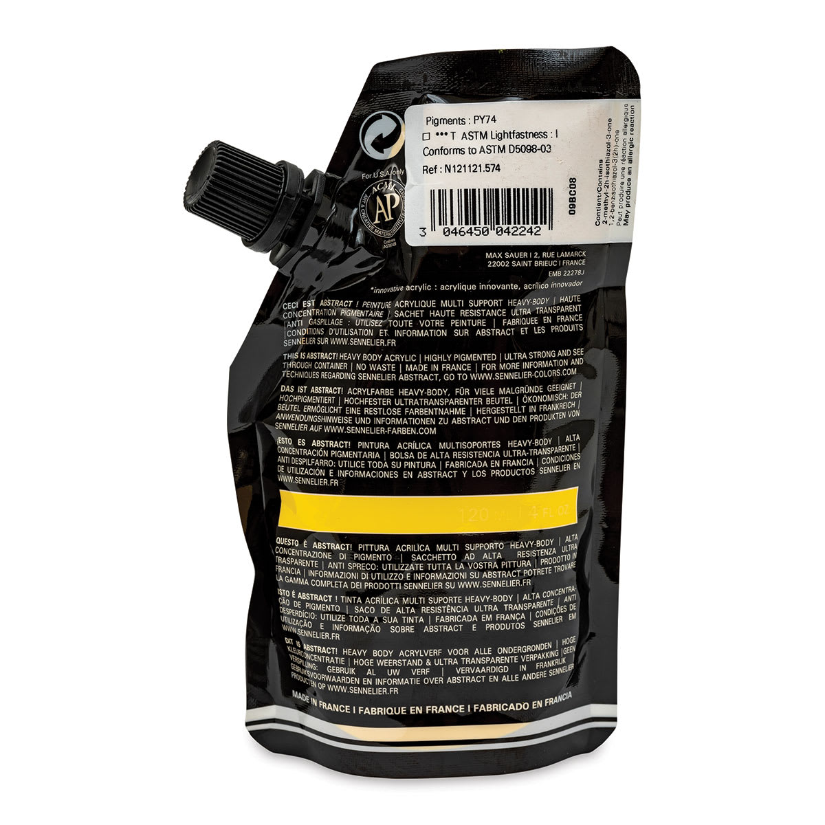 Sennelier Abstract Acrylic - Primary Yellow, 120 ml pouch back
