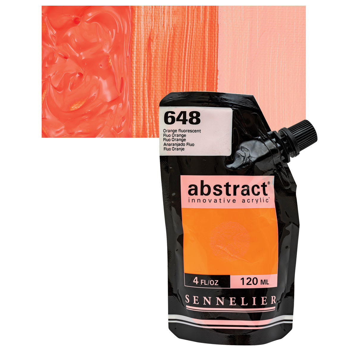 Sennelier Abstract Acrylic - Fluorescent Orange, 120 ml pouch and swatch