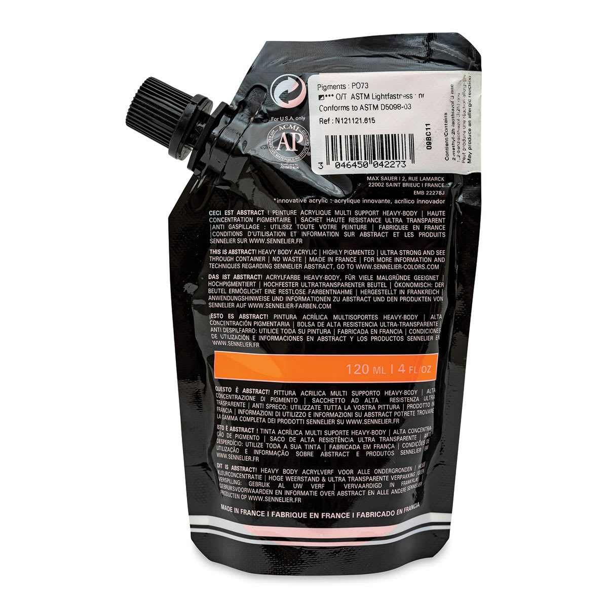 Sennelier Abstract Acrylic - Cadmium Red Orange Hue, 120 ml pouch back