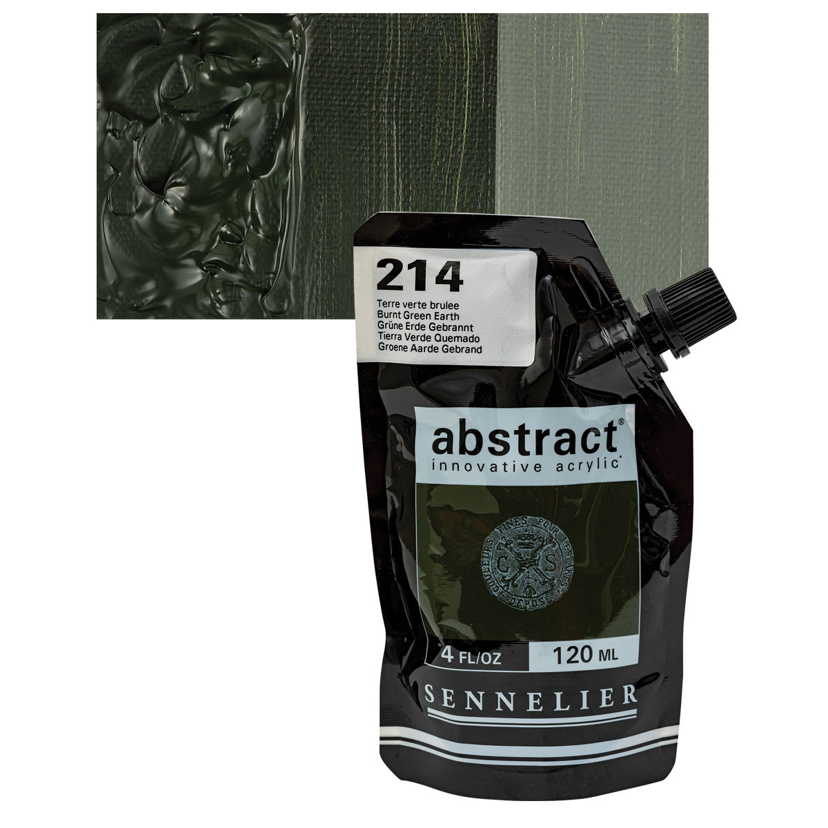 Sennelier Abstract Acrylic - Burnt Green Earth, 120 ml pouch and swatch