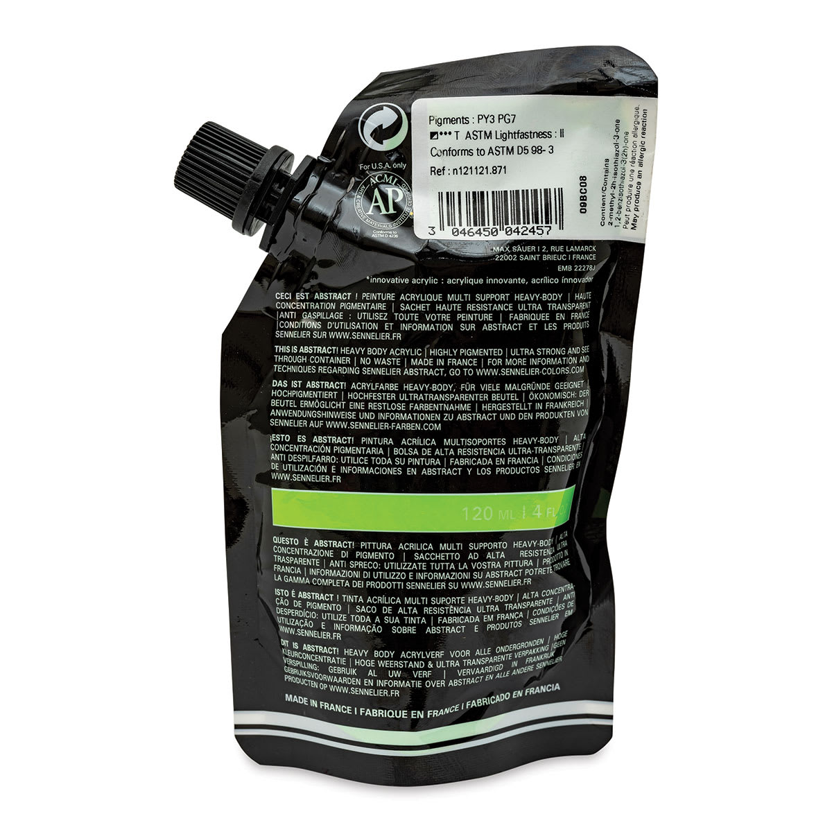Sennelier Abstract Acrylic - Bright Yellow Green, 120 ml pouch back
