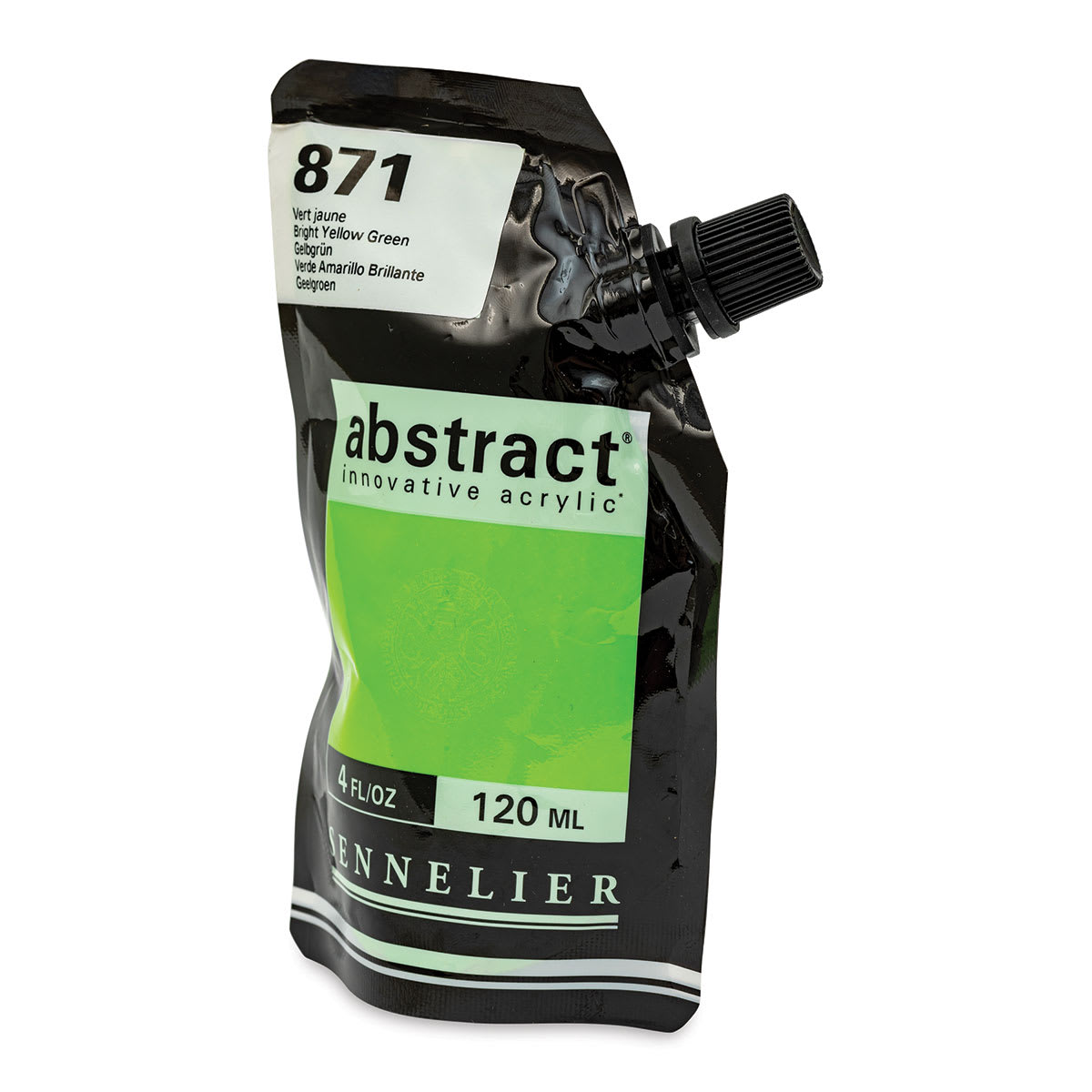 Sennelier Abstract Acrylic - Bright Yellow Green, 120 ml pouch side view