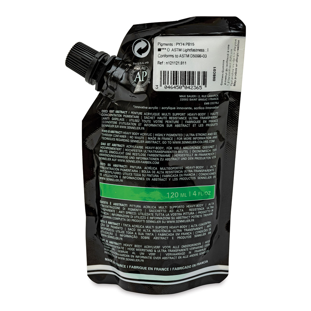 Sennelier Abstract Acrylic - Permanent Green Light, 120 ml pouch side view