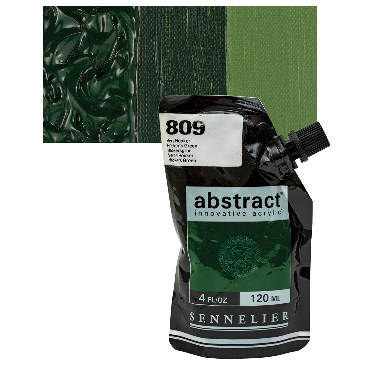 Sennelier Abstract Acrylic - Hookers Green, 120 ml pouch and swatch