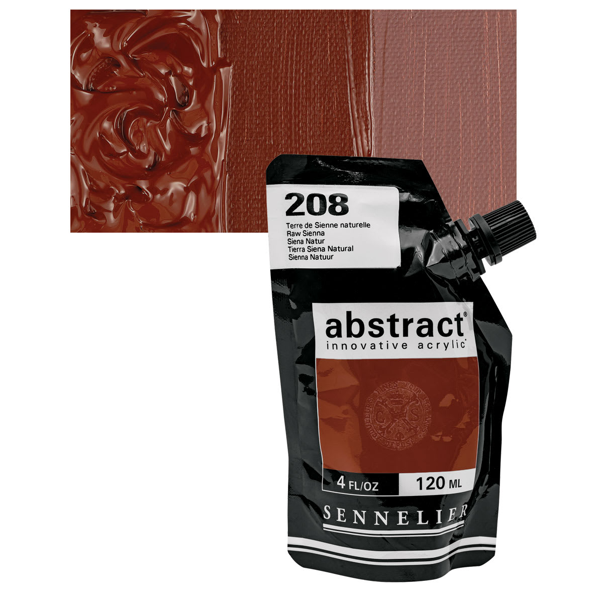 Sennelier Abstract Acrylic - Raw Sienna, 120 ml pouch and swatch