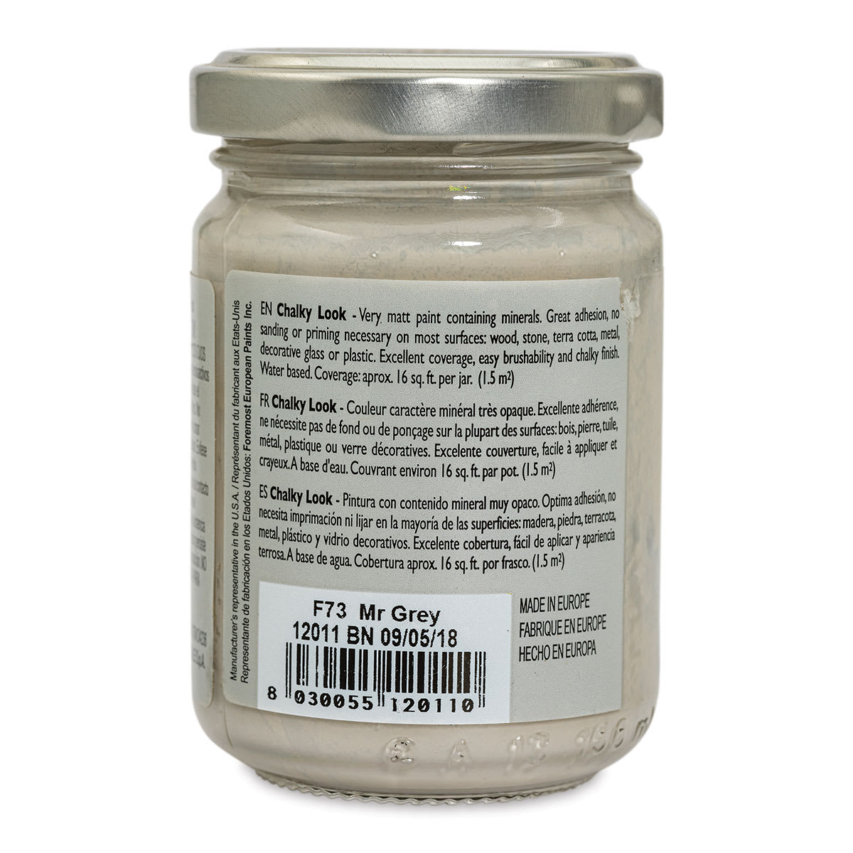 Fleur Chalky Look Paint - Mr. Grey, 4.4 oz jar side view