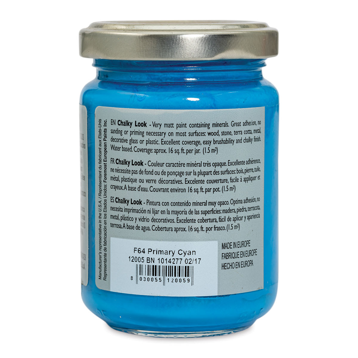 Fleur Chalky Look Paint - Primary Cyan, 4.4 oz jar back