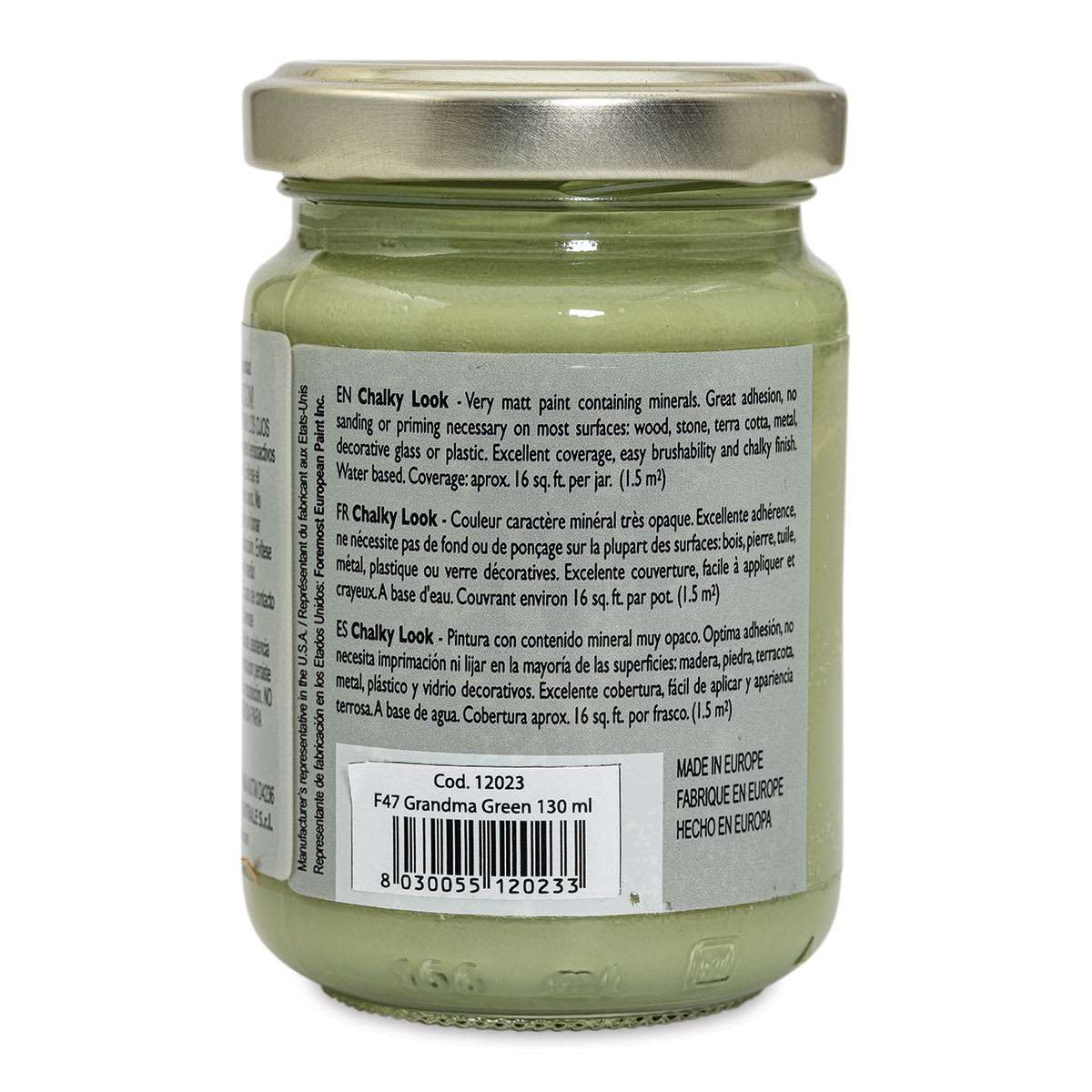 Fleur Chalky Look Paint - Grandma Green, 4.4 oz jar back