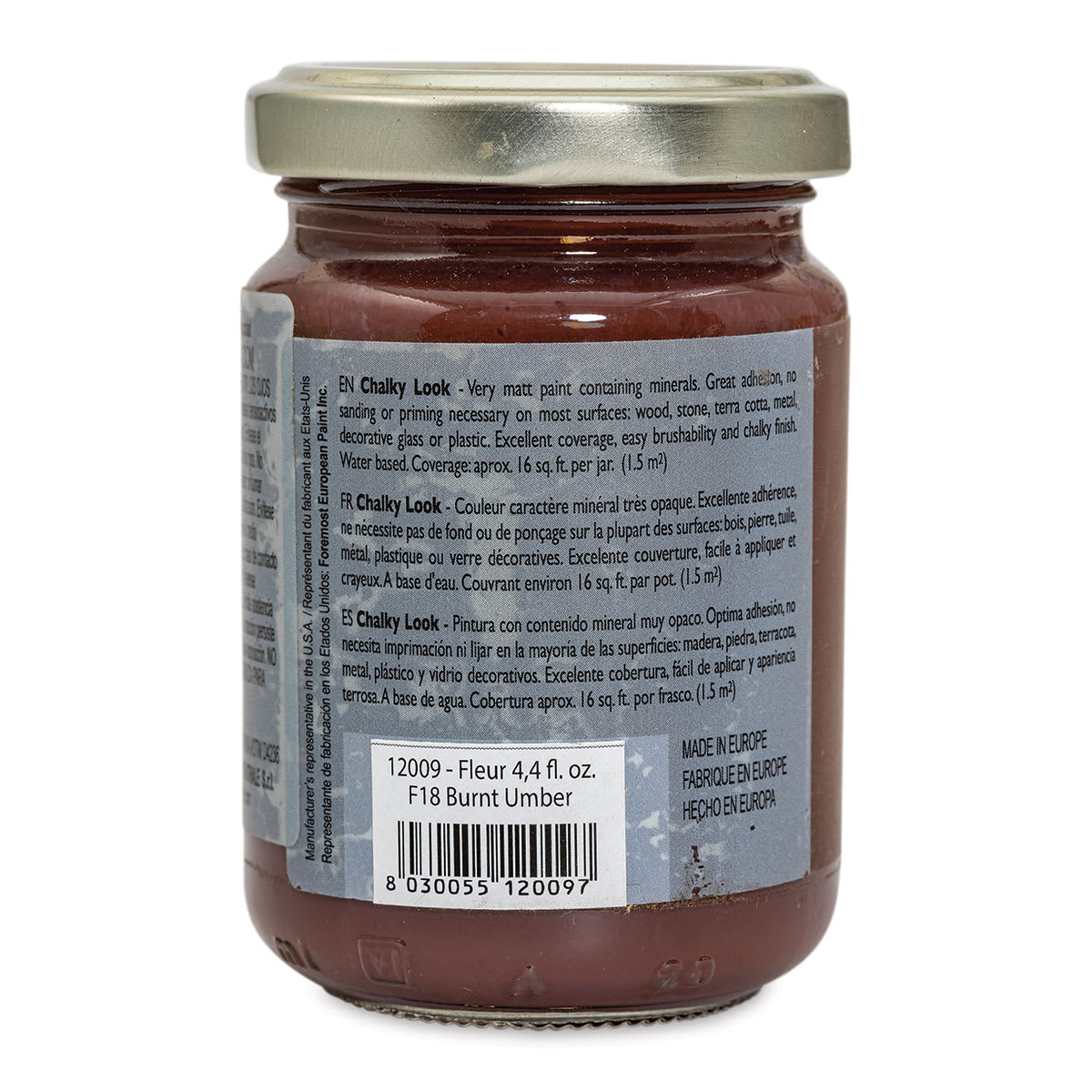 Fleur Chalky Look Paint - Burnt Umber, 4.4 oz jar back