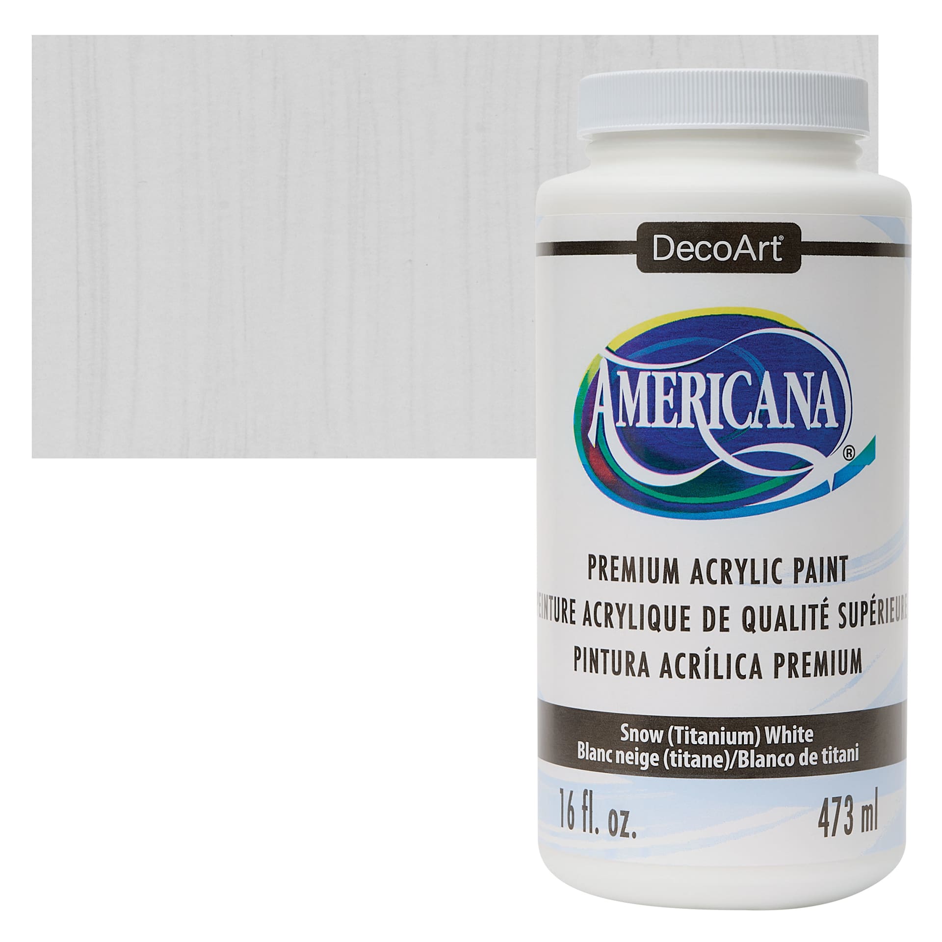 DecoArt Americana Acrylic Paint - Snow (Titanium) White, 16 oz bottle and swatch