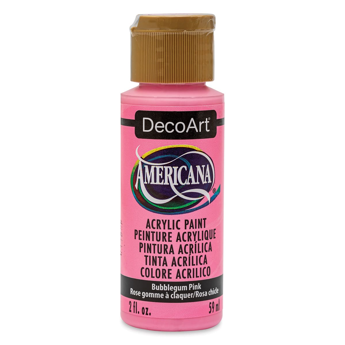 DecoArt Americana Acrylic Paint - Bubblegum Pink, 2 oz (Front of bottle)