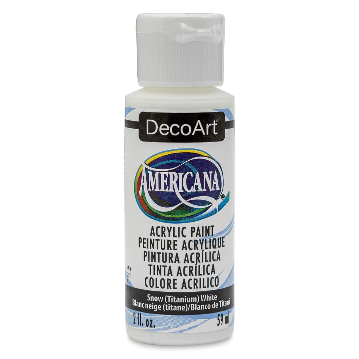 DecoArt Americana Acrylic Paint - Snow (Titanium) White, 2 oz (Front of bottle)