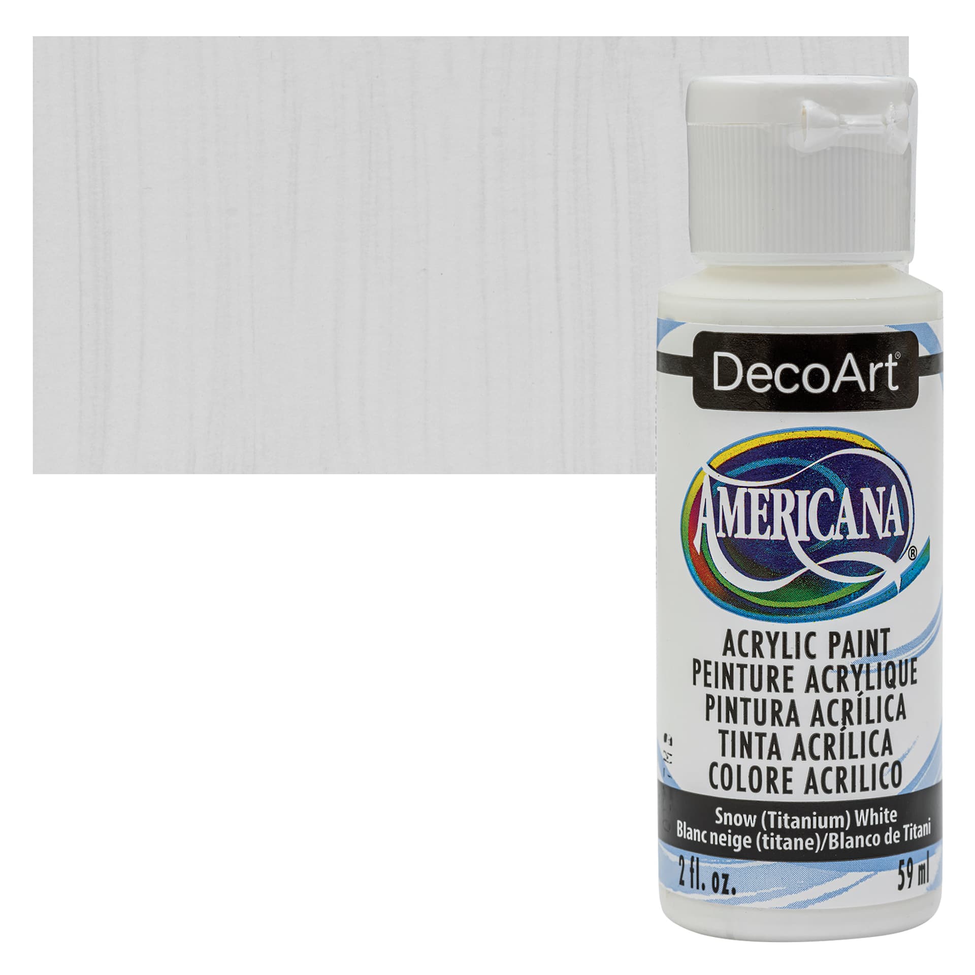 DecoArt Americana Acrylic Paint - Snow (Titanium) White, 2 oz bottle and swatch