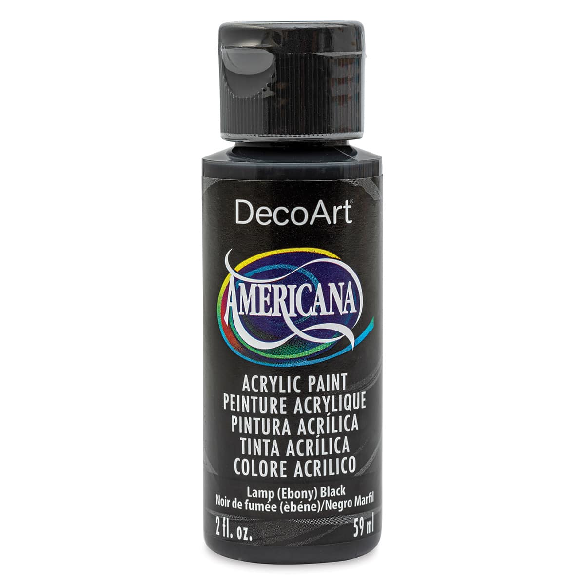 DecoArt Americana Acrylic Paint - Lamp (Ebony) Black, 2 oz (Front of bottle)