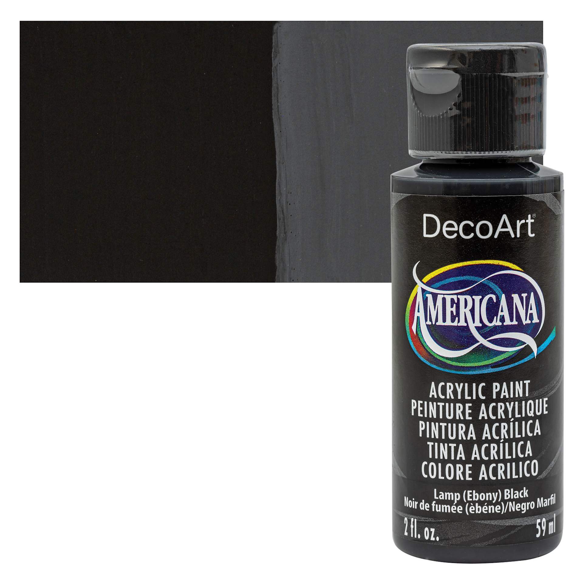 DecoArt Americana Acrylic Paint - Lamp (Ebony) Black, 2 oz bottle and swatch