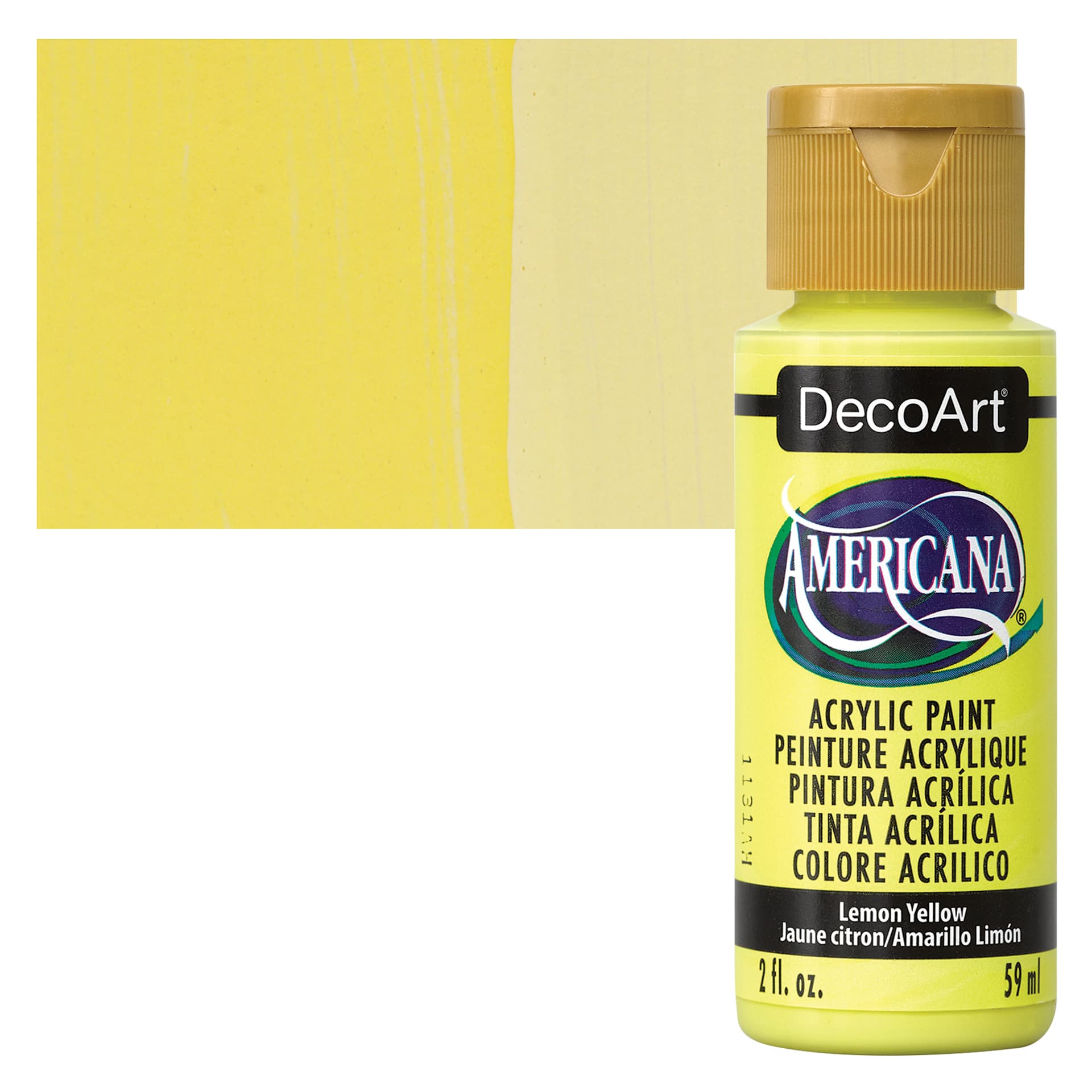 DecoArt Americana Acrylic Paint - Lemon Yellow, 2 oz bottle and swatch