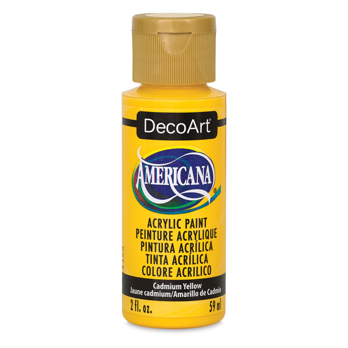 DecoArt Americana Acrylic Paint - Cadmium Yellow Hue (Transparent), 2 oz (Front of bottle)