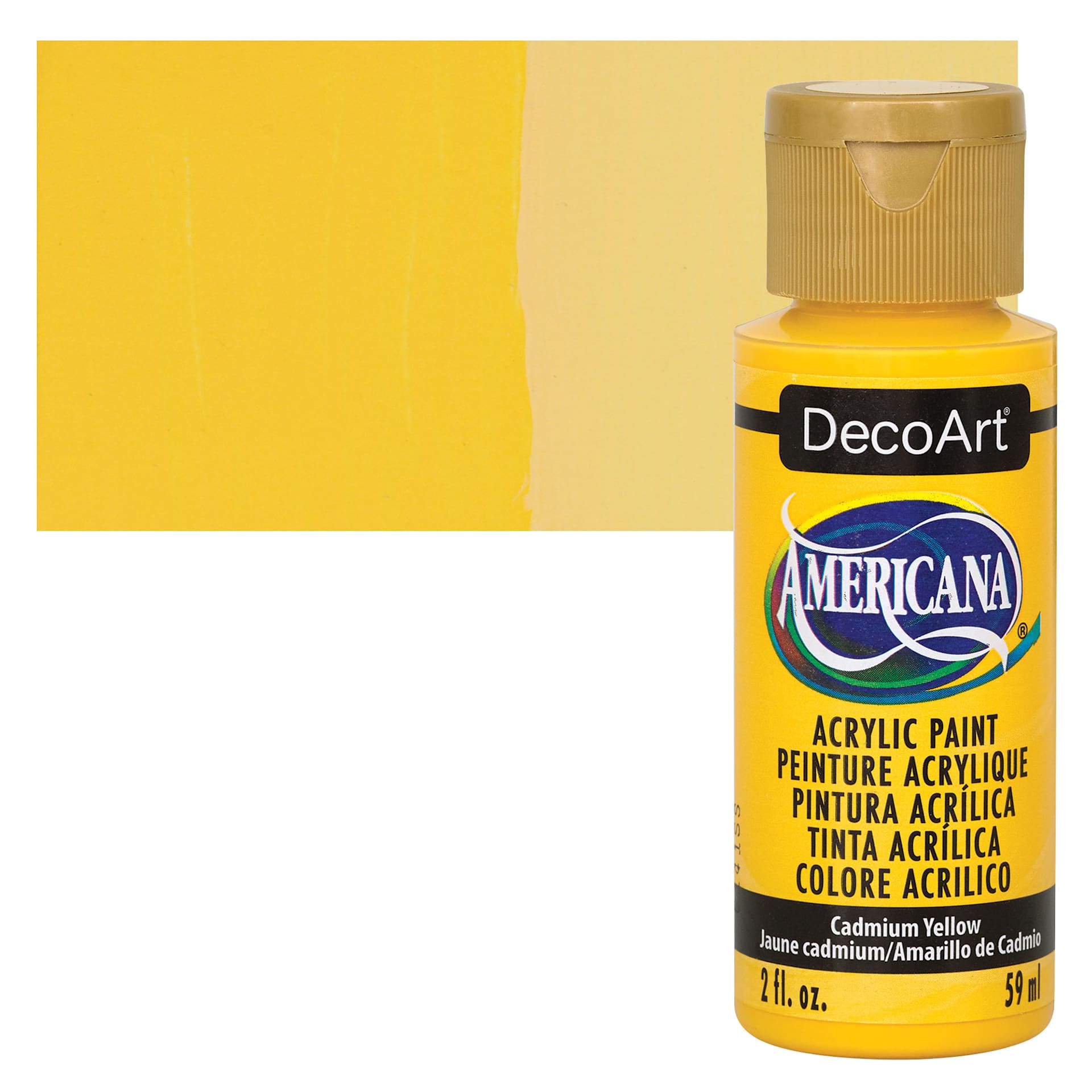 DecoArt Americana Acrylic Paint - Cadmium Yellow Hue (Transparent), 2 oz bottle and swatch