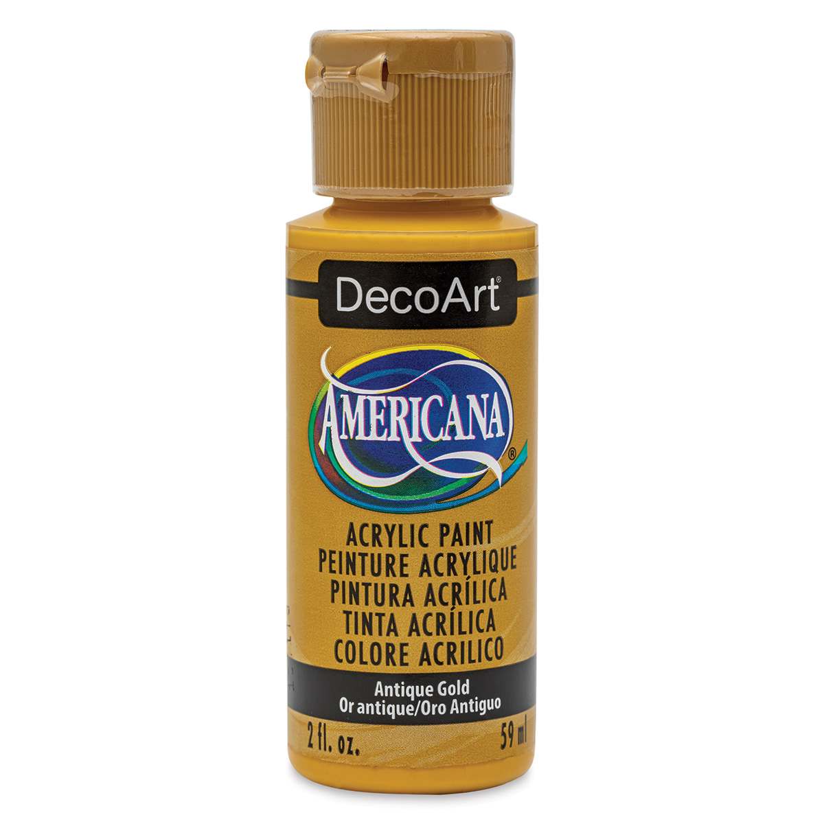 DecoArt Americana Acrylic Paint - Antique Gold, 2 oz (Front of bottle)