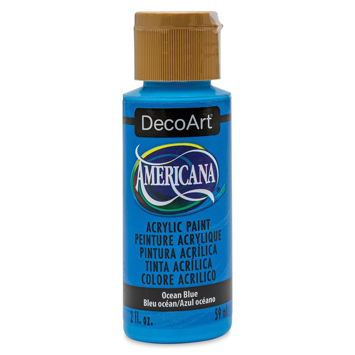 DecoArt Americana Acrylic Paint - Ocean Blue, 2 oz (Front of bottle)