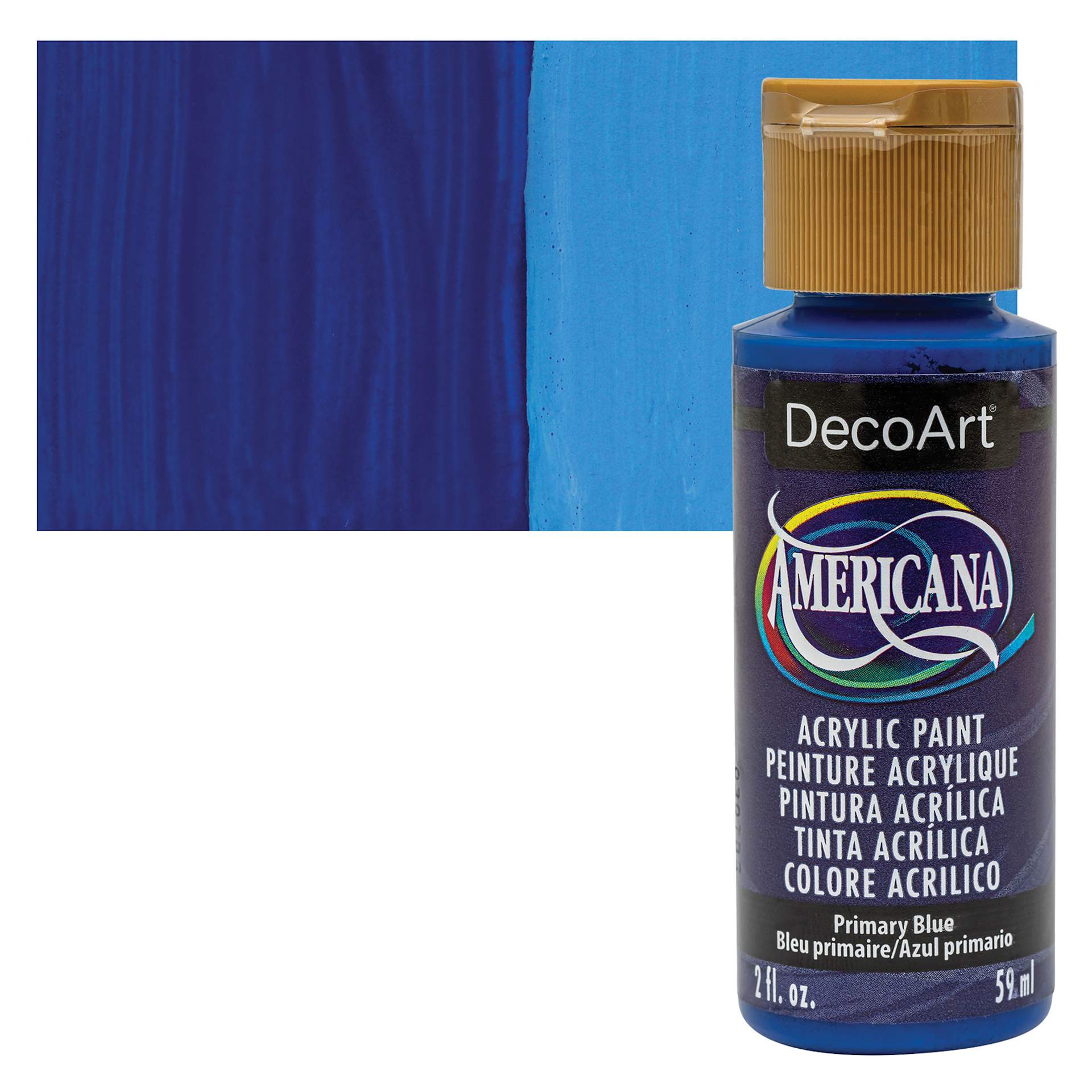 DecoArt Americana Acrylic Paint - Primary Blue (Transparent), 2 oz bottle and swatch