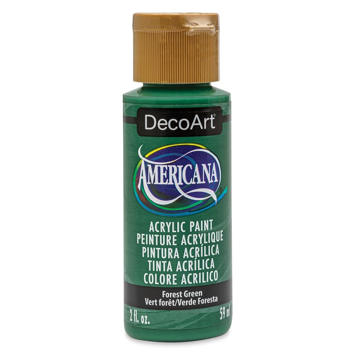 DecoArt Americana Acrylic Paint - Forest Green, 2 oz Swatch with bottle (Front of bottle)