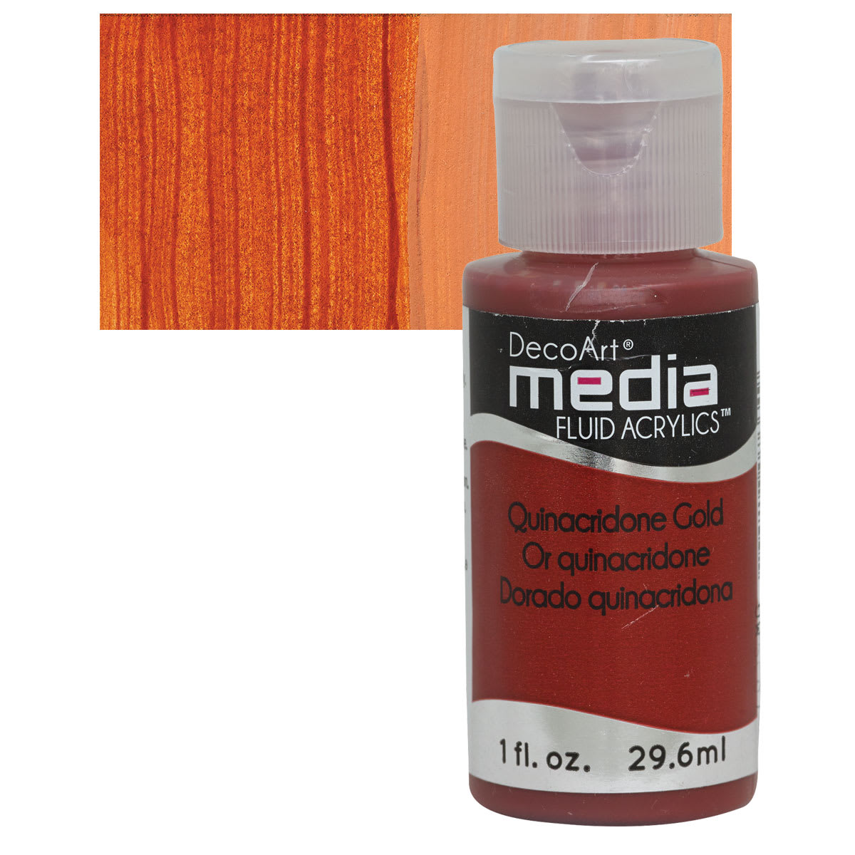 Deco Art Media Fluid Acrylic - Quinacridone Gold 1 oz Bottle and swatch