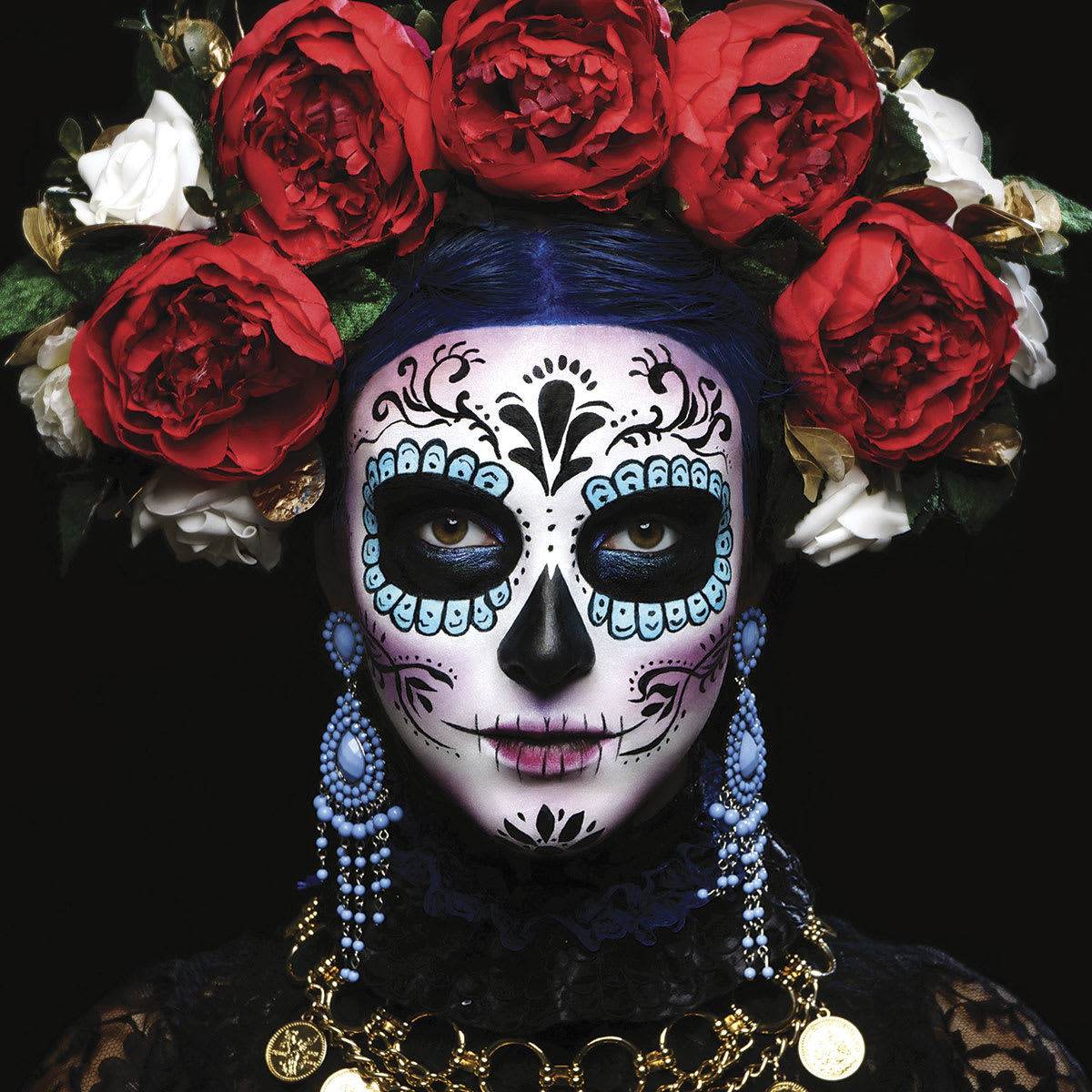 Graftobian ProPaint Face and Body Paints - Model painted as a Sugar Skull mask with Rose headband