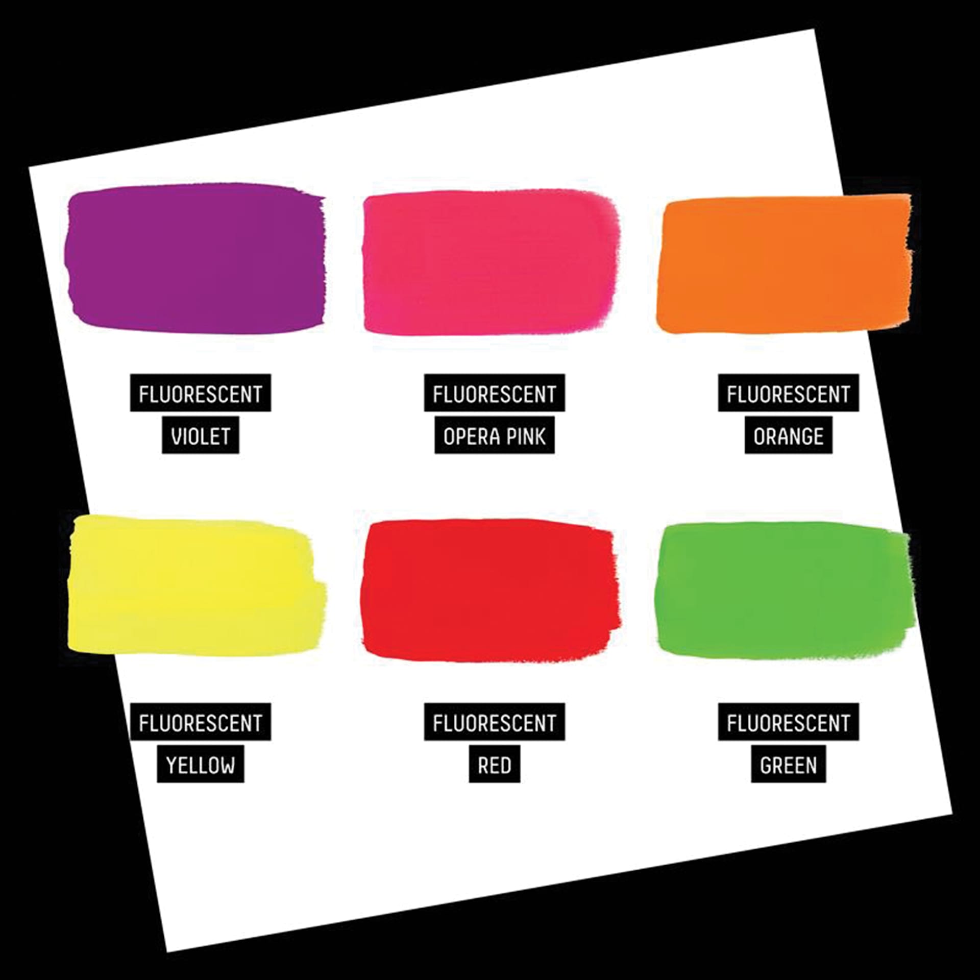 Set content color list. Fluorescent Violet, Fluorescent Opera Pink, Fluorescent Orange, Fluorescent Yellow, Fluorescent Red, Fluorescent Green.