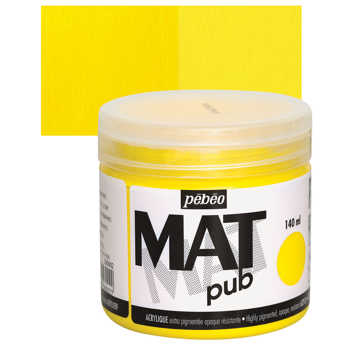 Pebeo Mat Pub Acrylic Paint - Primary Yellow, 140 ml jar and swatch