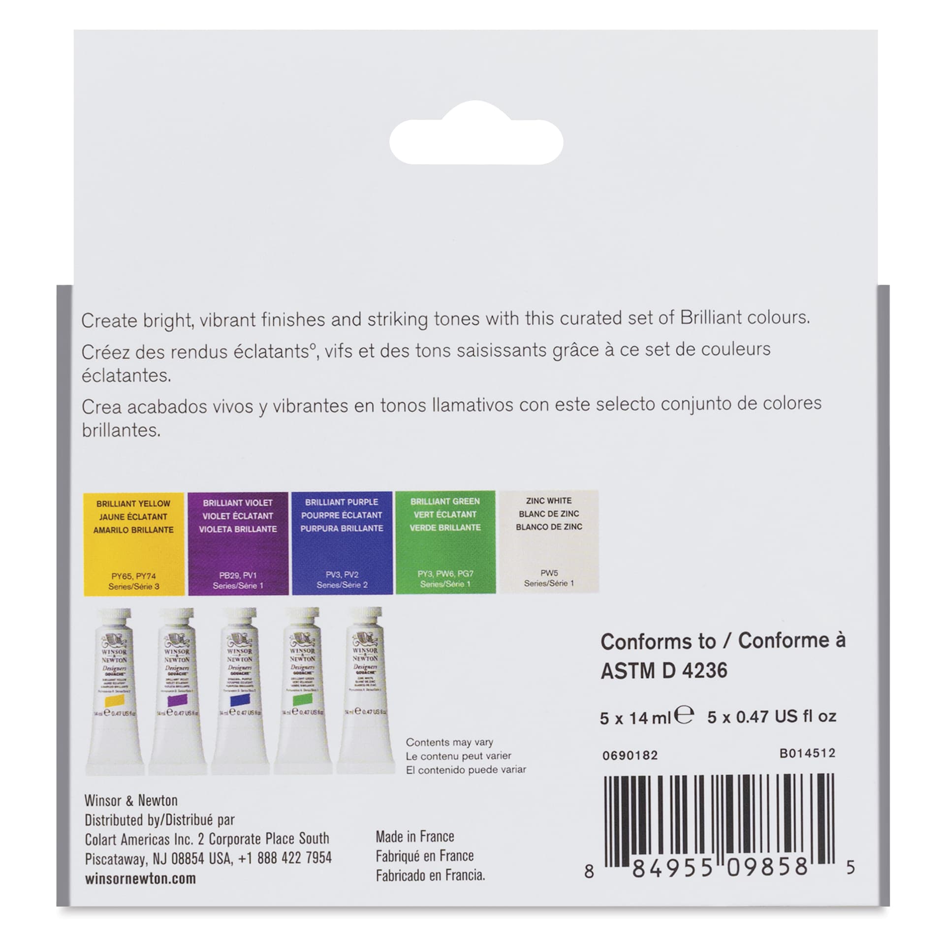 Winsor & Newton Designers Gouache - Brilliant Colors, Set of 5 back of package