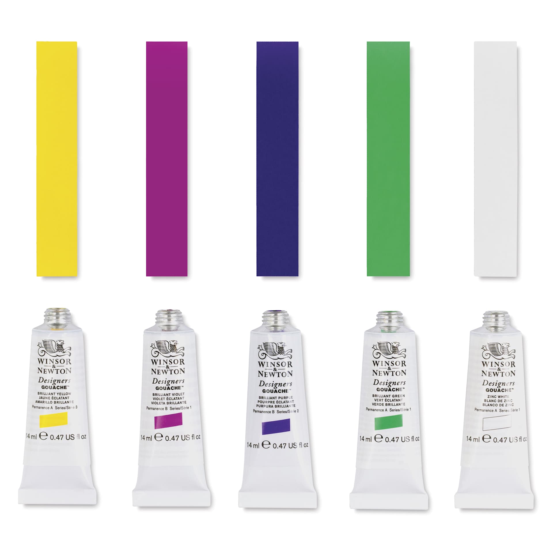 Winsor & Newton Designers Gouache - Brilliant Colors, Set of 5, 14 ml Tubes with color swatch