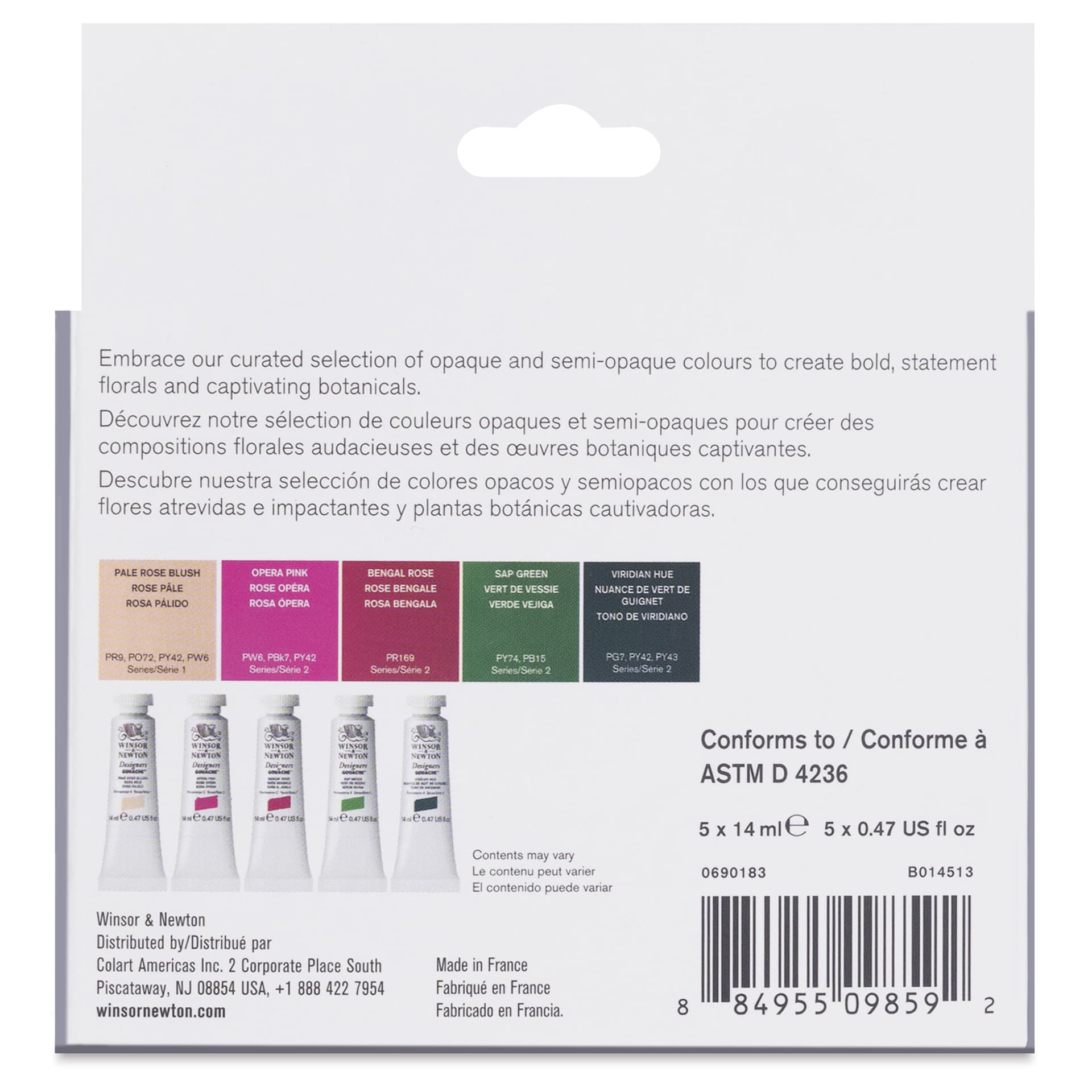 Winsor & Newton Designers Gouache - Botanical Colors, Set of 5, 14 ml Tubes back of package