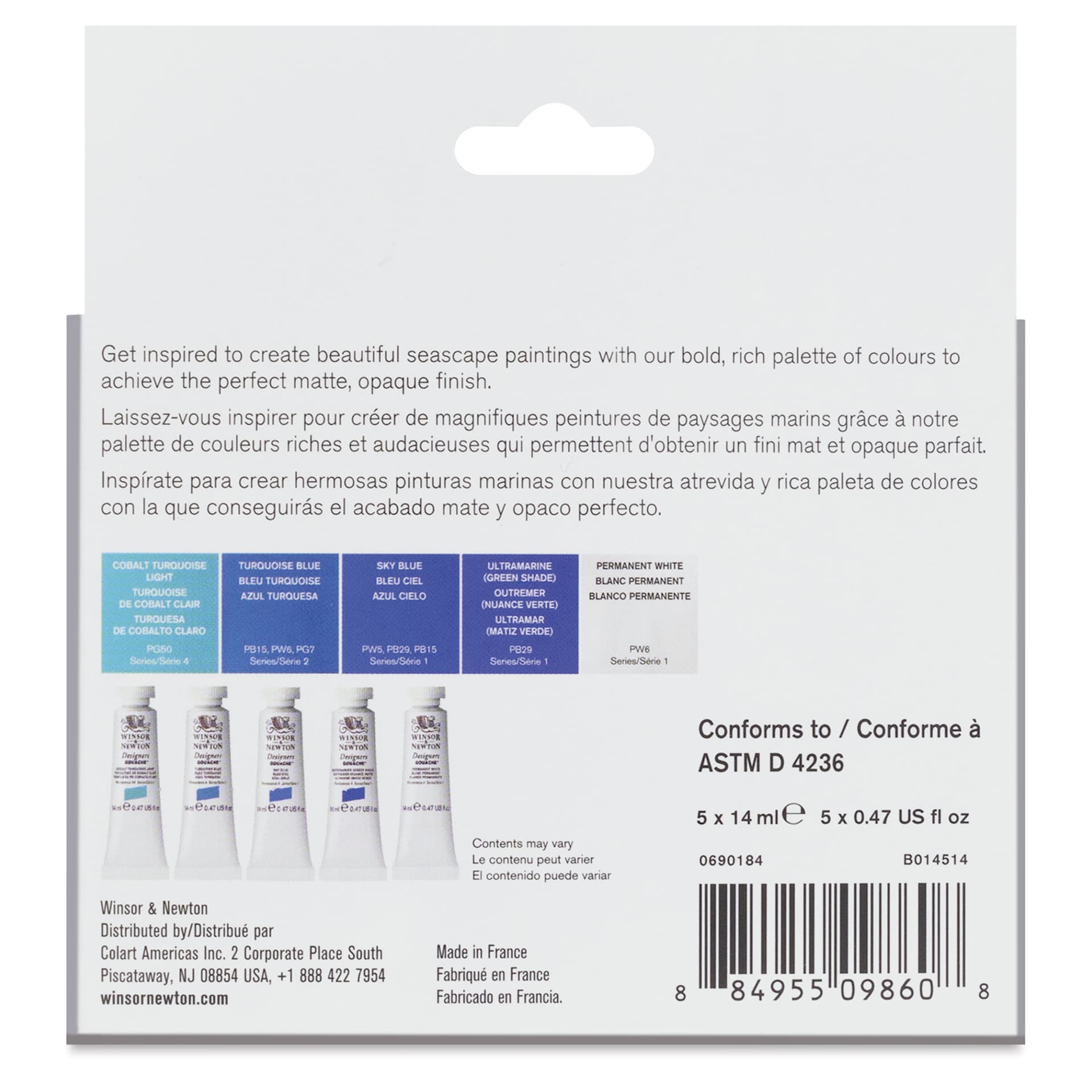 Winsor & Newton Designers Gouache - Seascape Colors, Set of 5, 14 ml Tubes back of package
