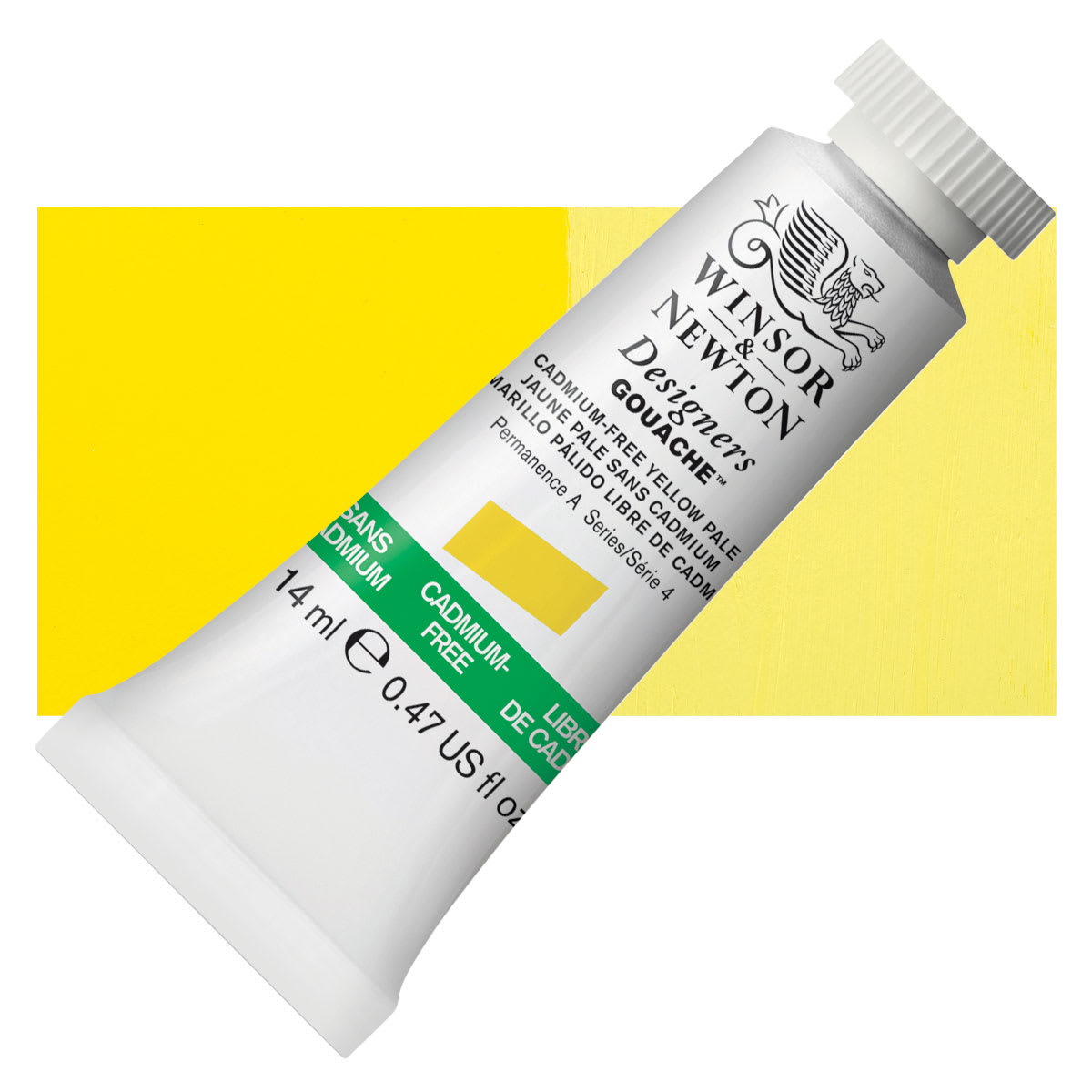 Winsor & Newton Designers Gouache - Cadmium Free Yellow Pale, 14 ml tube and swatch