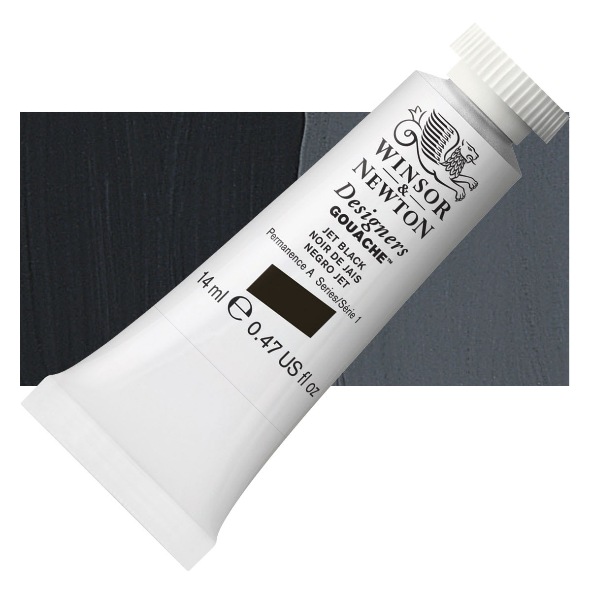 Winsor & Newton Designers Gouache - Jet Black, 14 ml tube and swatch