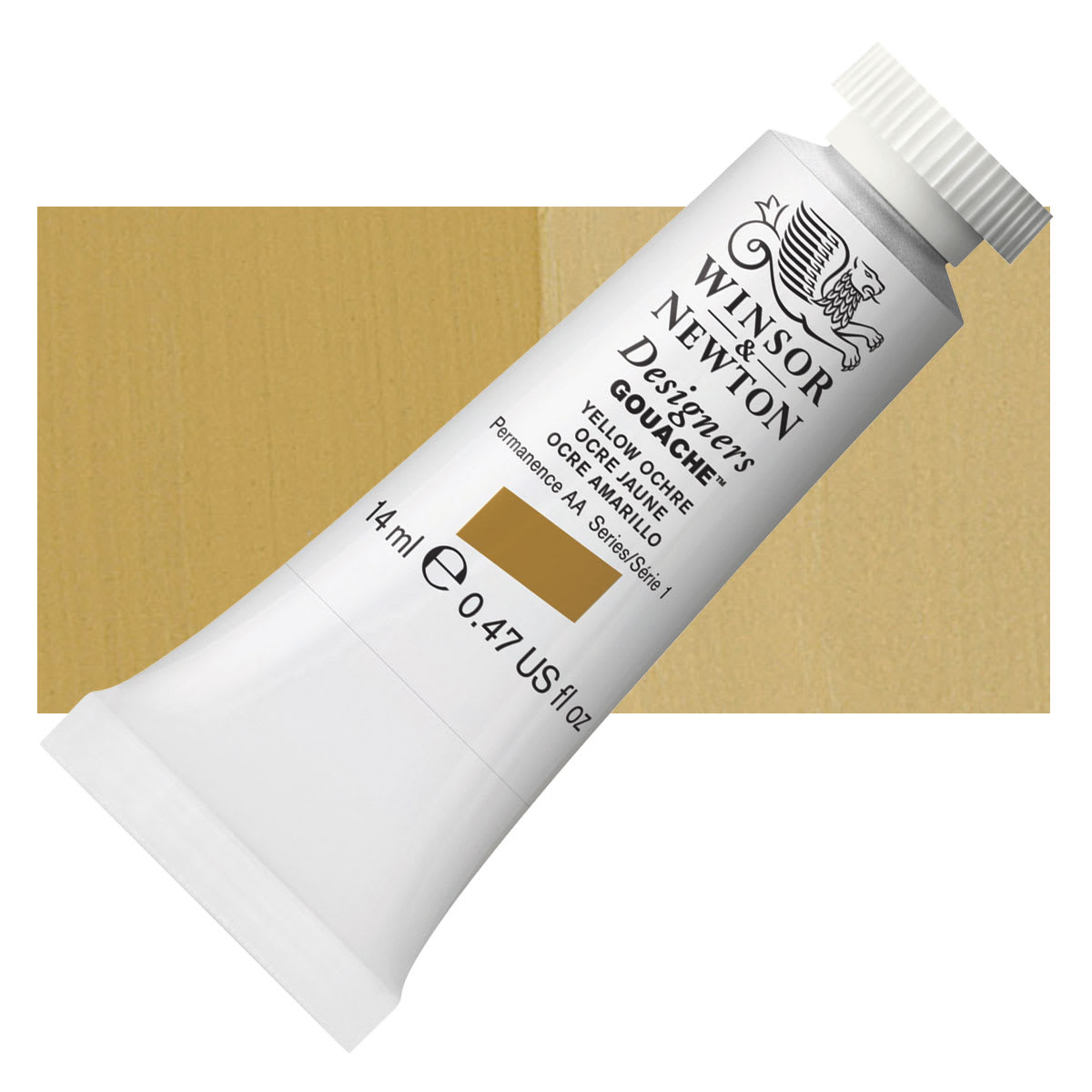 Winsor & Newton Designers Gouache - Yellow Ochre, 14 ml tube and swatch