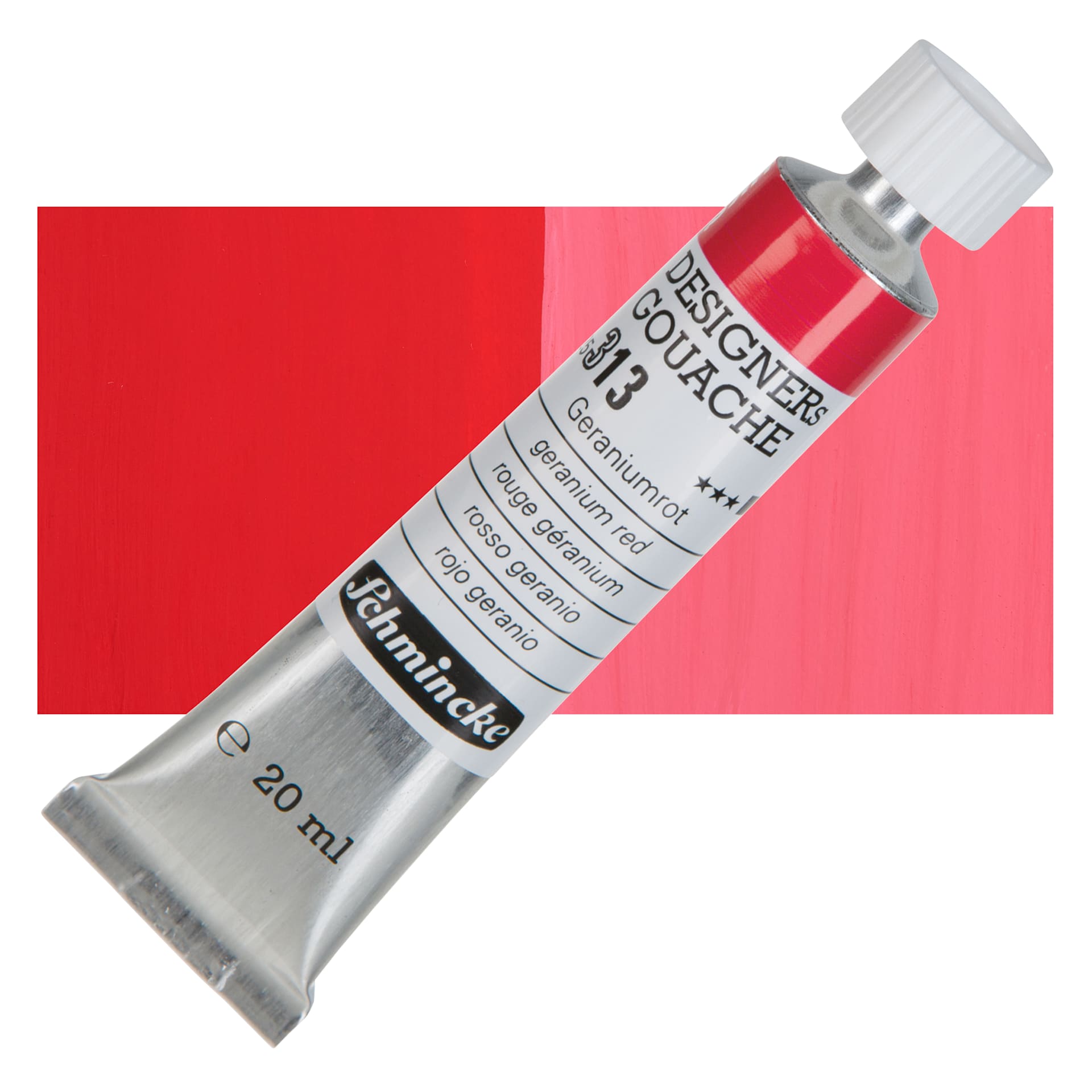 Schmincke Designers Gouache - Geranium Red, 20 ml Tube and swatch