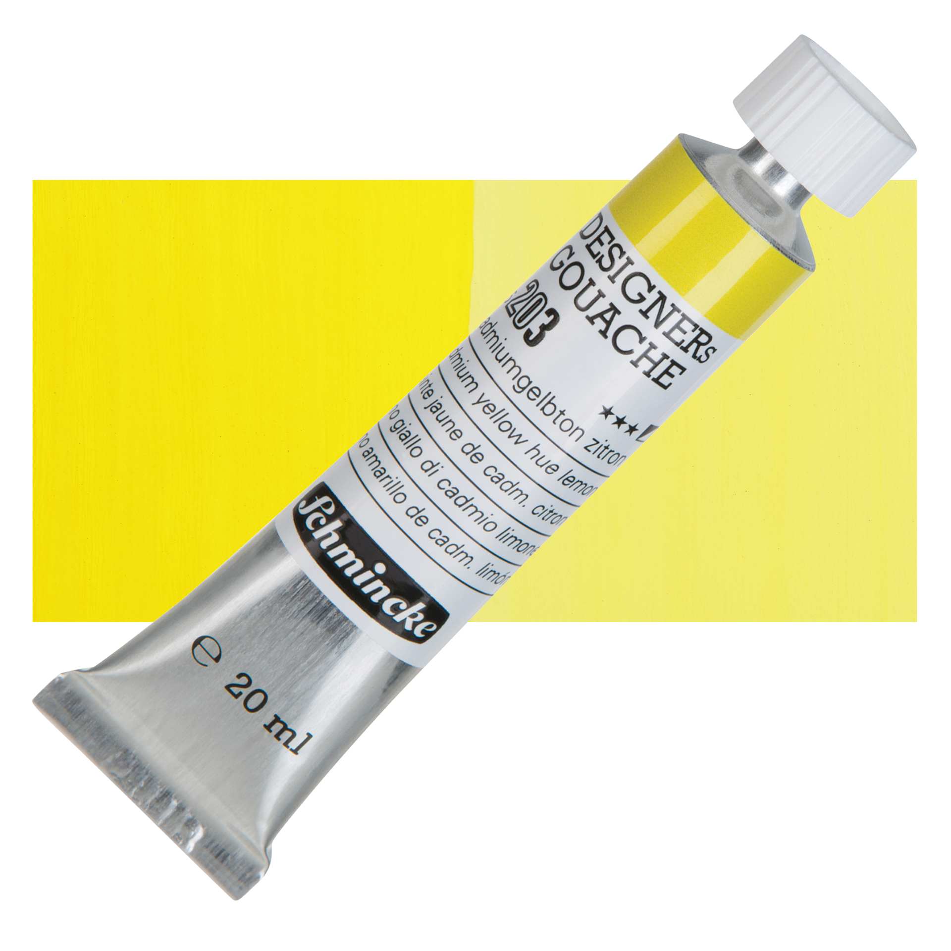 Schmincke Designers Gouache - Cadmium Yellow Hue Lemon, 20 ml Tube and swatch