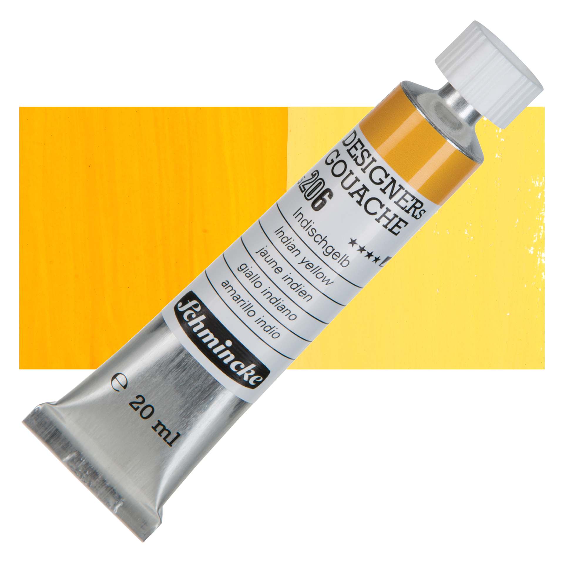 Schmincke Designers Gouache - Indian Yellow, 20 ml Tube and swatch