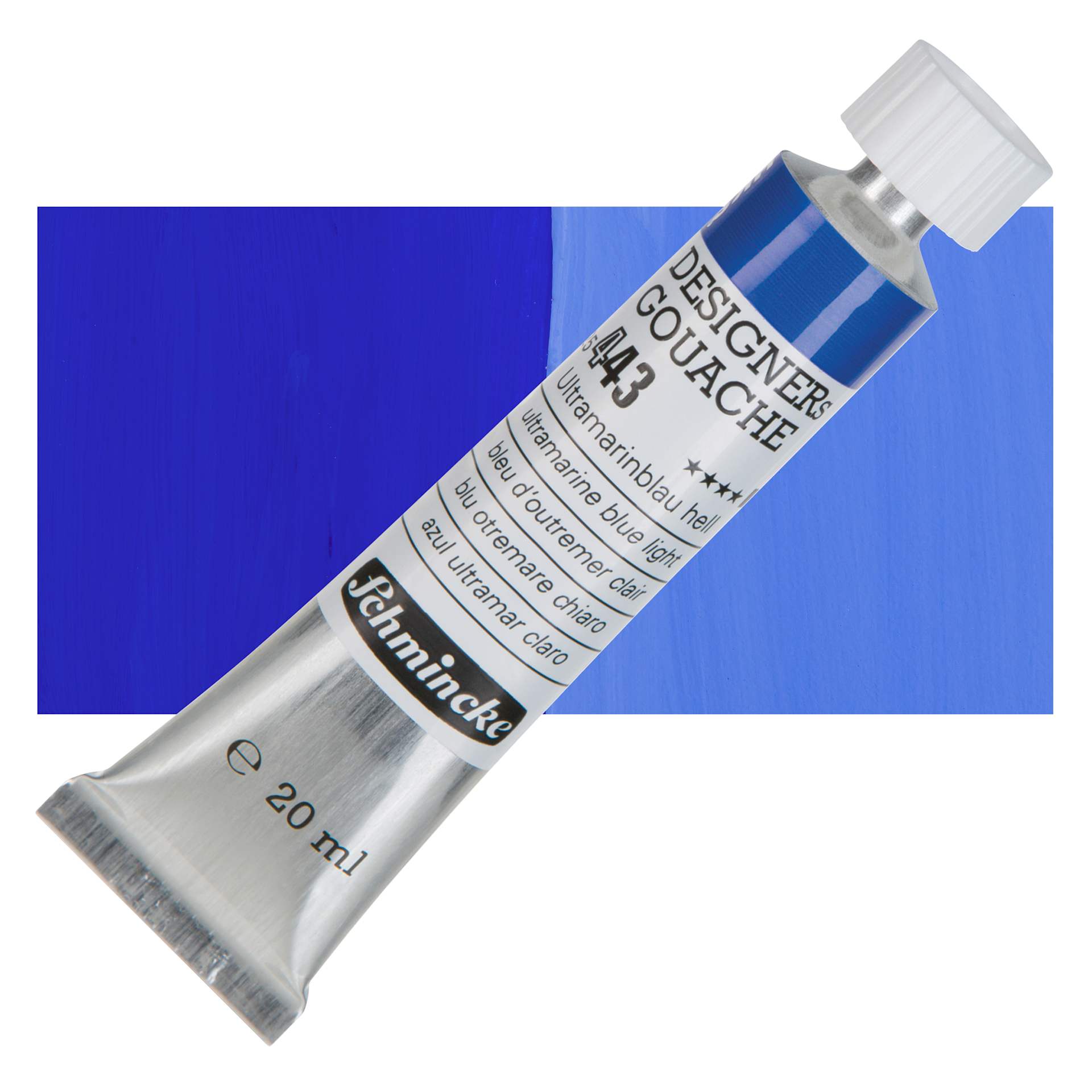 Schmincke Designers Gouache - Ultramarine Blue Light, 20 ml Tube and swatch
