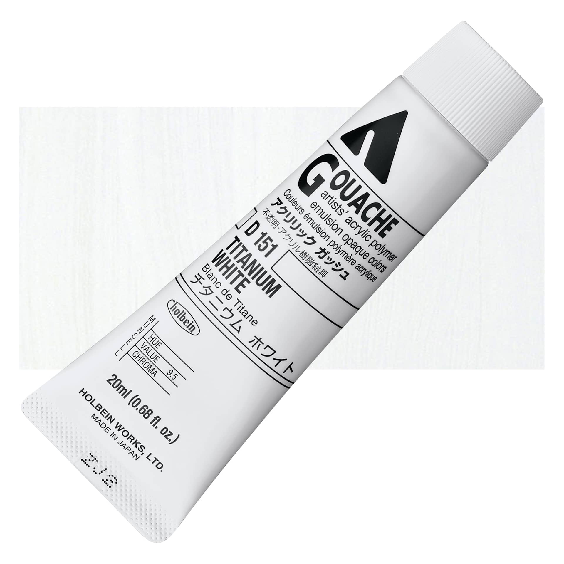 Holbein Acrylic Gouache - Titanium White, 20 ml tube and swatch