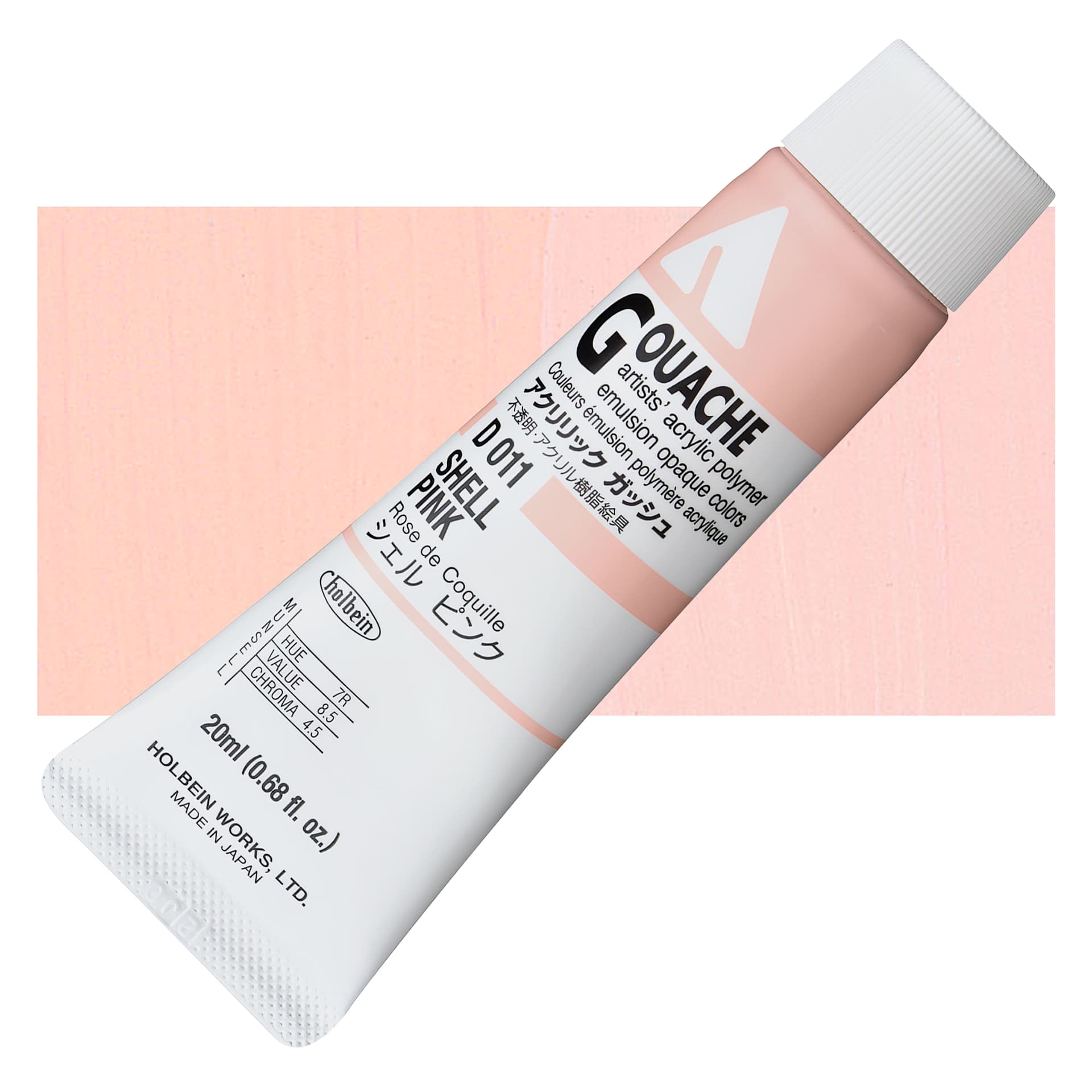 Holbein Acrylic Gouache - Shell Pink, 20 ml tube and swatch