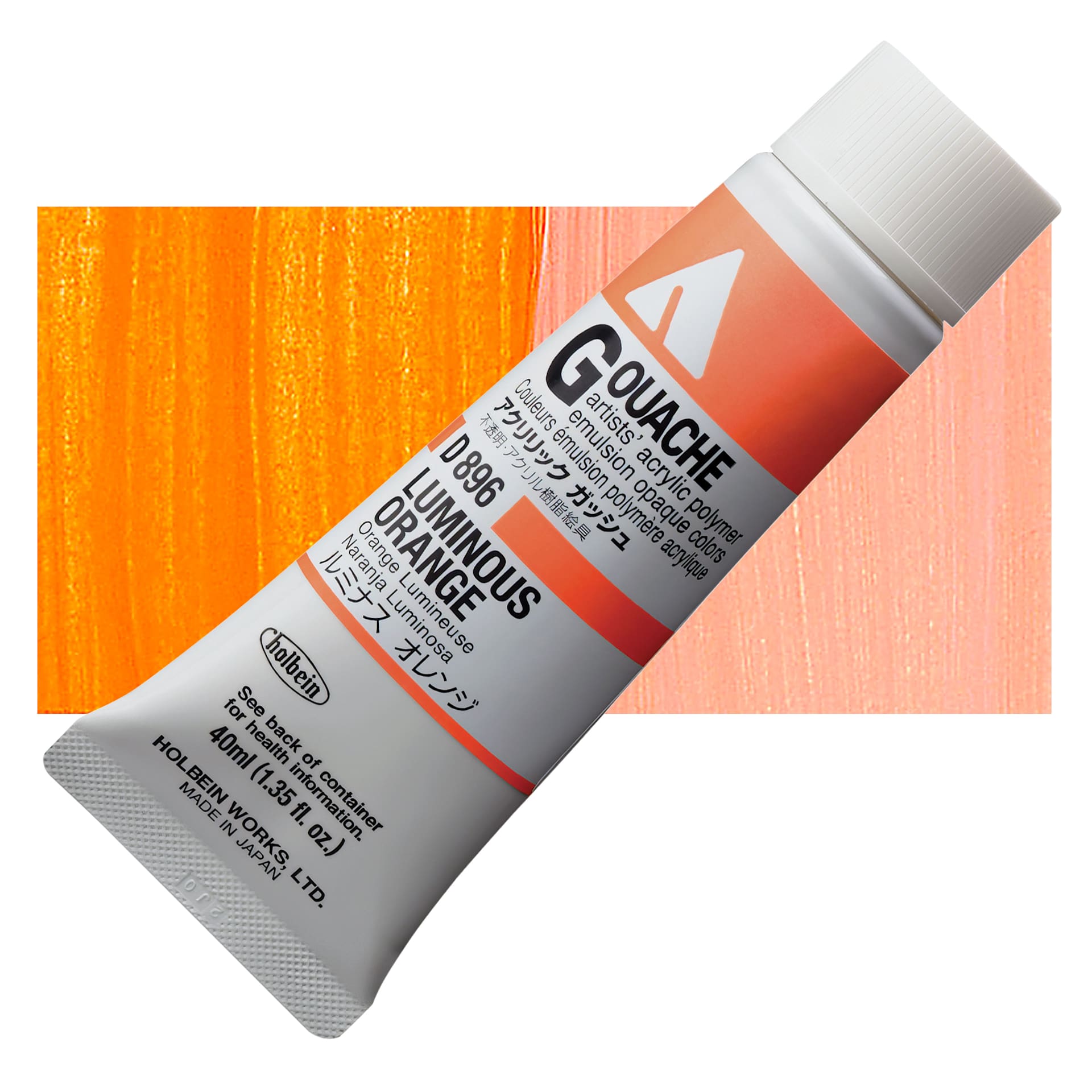 Holbein Acrylic Gouache - Luminous Orange, 40 ml tube and swatch