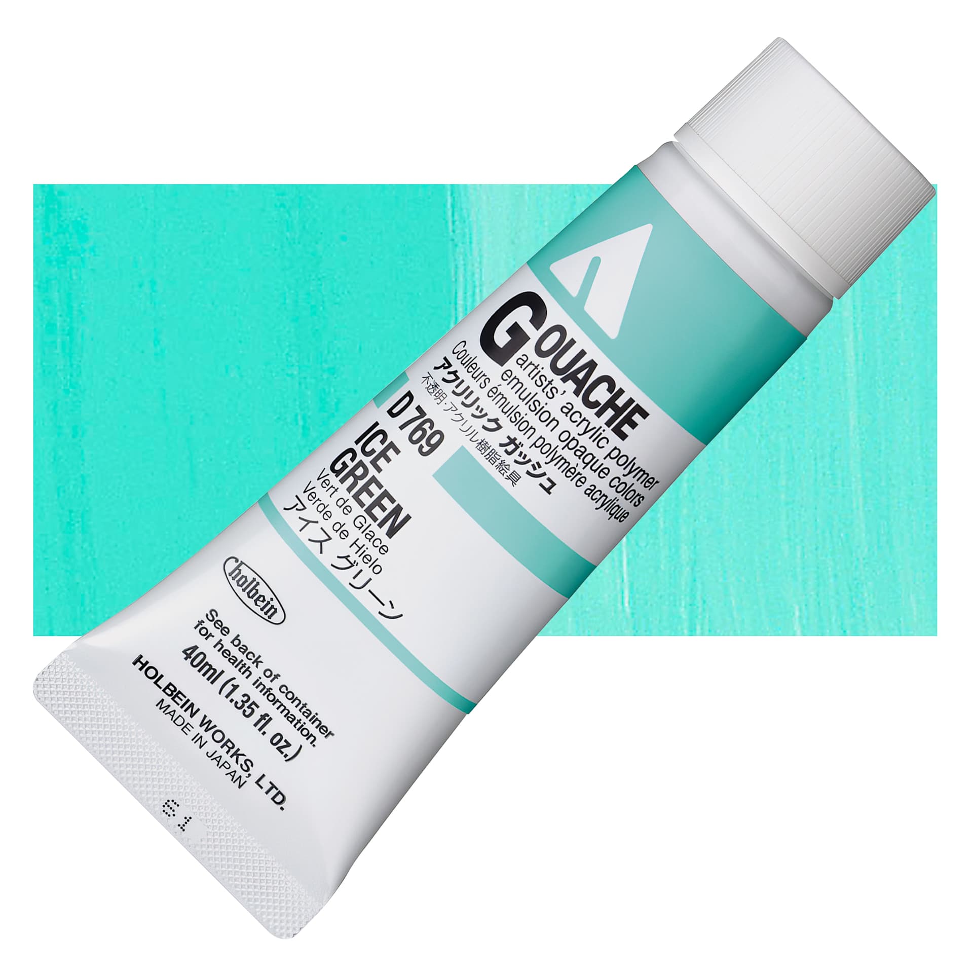 Holbein Acrylic Gouache - Ice Green, 40 ml tube and swatch