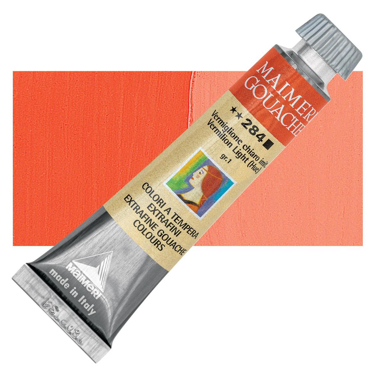 Maimeri Artist Gouache - Vermilion Light Hue, 20 ml tube and swatch
