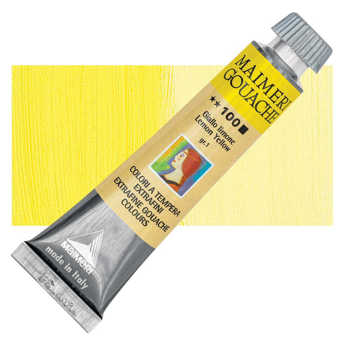 Maimeri Artist Gouache - Lemon Yellow, 20 ml tube and swatch