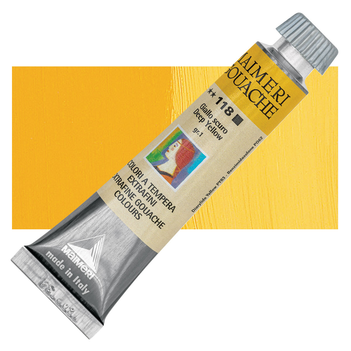 Maimeri Artist Gouache - Deep Yellow, 20 ml tube and swatch